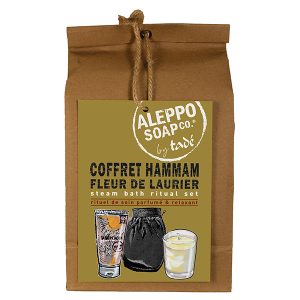 SACCO REGALO HAMMAM ALLORO - SAPONE NERO - GUANTO NERO - CANDELA