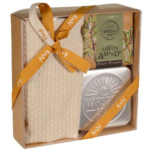 COFANETTO REGALO SAPONE DI MARSIGLIA MANDORLA - MINI FOUTA - PORTA SAPONE IN ALLUMINIO