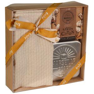 COFANETTO REGALO SAPONE DI MARSIGLIA COTONE - MINI FOUTA - PORTA SAPONE IN ALLUMINIO